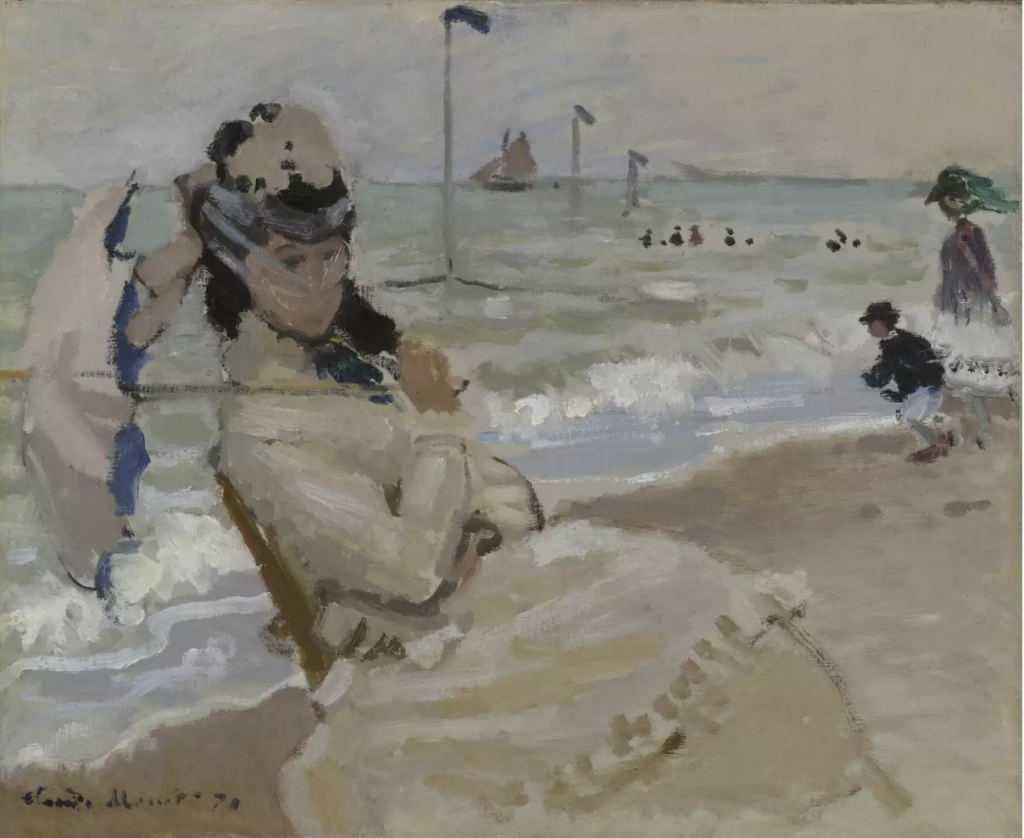A thick and loosely painted portrait of Camille, in a beige dress, sitting on the beach clutching a parasol. In the background is the sea and a couple obscure figures.