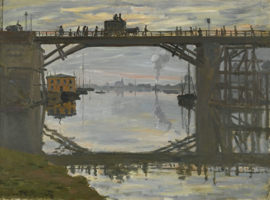 Above a reflective landscape of a port-side lake, a shoddy silhouette of a bridge is pictured. On it, a caravan of figures cross.