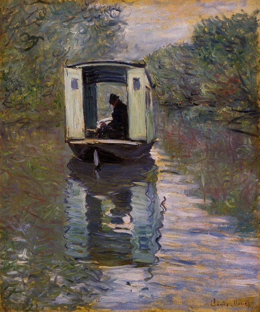 A small motered studio-boat disrupts the waters of a forested river. A silhouette of a figure can be seen in the confiens of the boat.