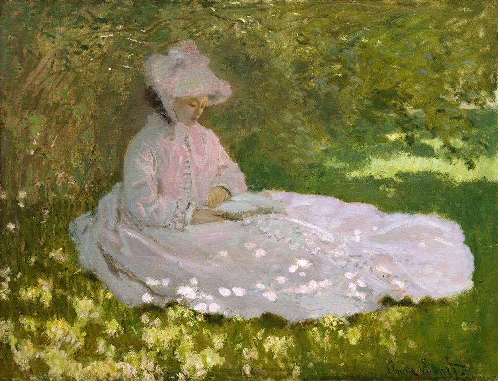 A woman in a light pink dress and sun-hat is sat in a field, amidst yellow flowers. She has softly painted features.