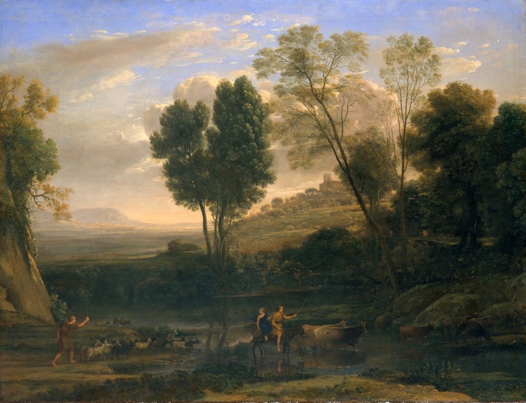 An idyllic landscape of a forested valley before a castle where sheperds move their herds. The titular sunrise gives way to a glow across the canvas.