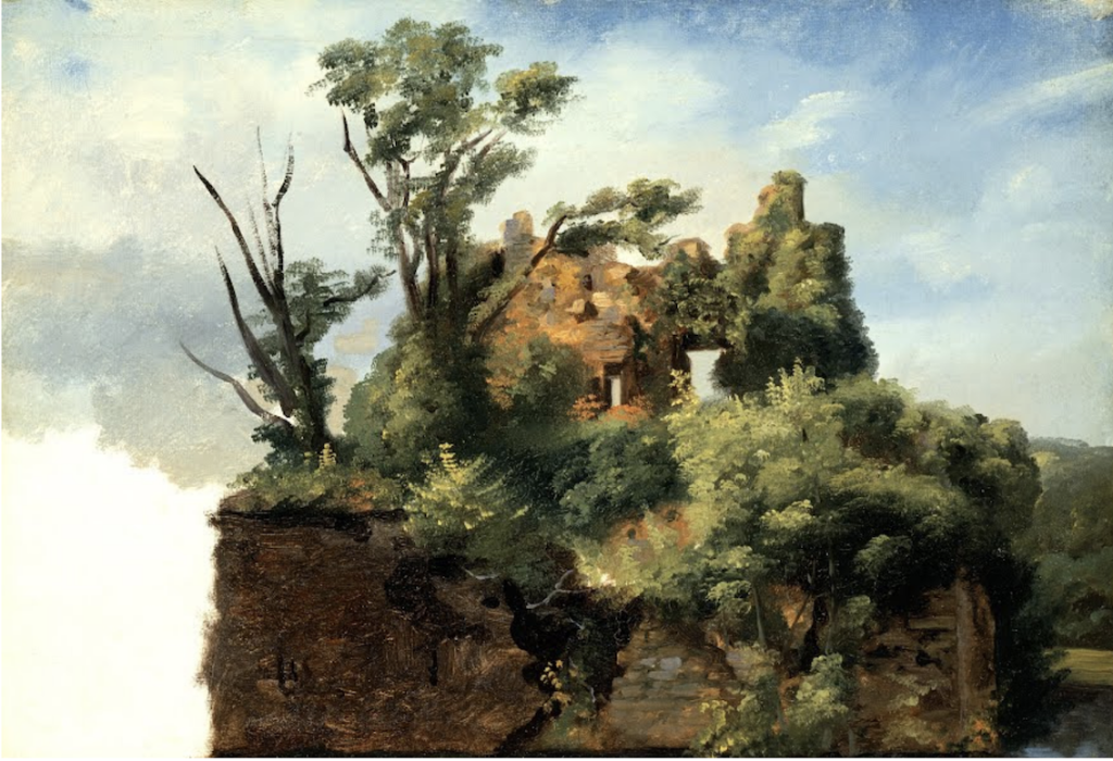 A loosely painted cliff-side forest, the sky in full view as backdrop.