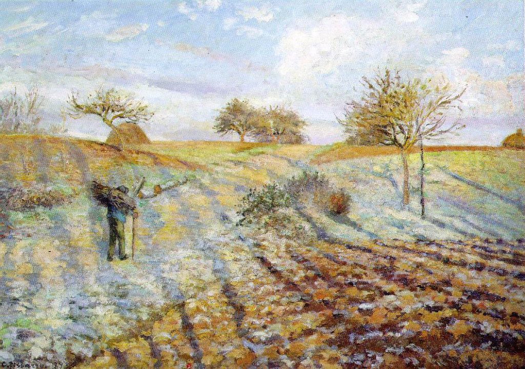 A mostly silhouetted farmer walks through a large loose landscape of his farmlands, the canvas texture very visible.