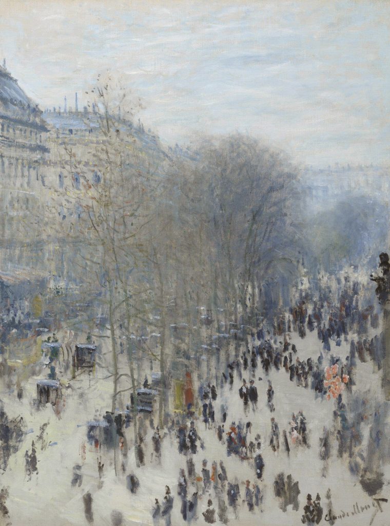 A crowded parisian street from a high perspective, to the point where each figure is but a spotted silhouette. Skinny trees protrude from the street and uniform apartments stand on the left.