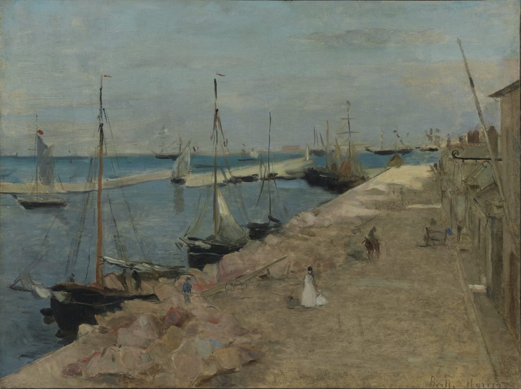 Large blothces of paint make up a harbor landscape, divided between brown cityscape and blue sea. Loose figures are scattered in the piece.