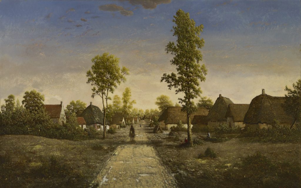 A sharp town landscape with a dark silhouette of a rider arriving down the center road.