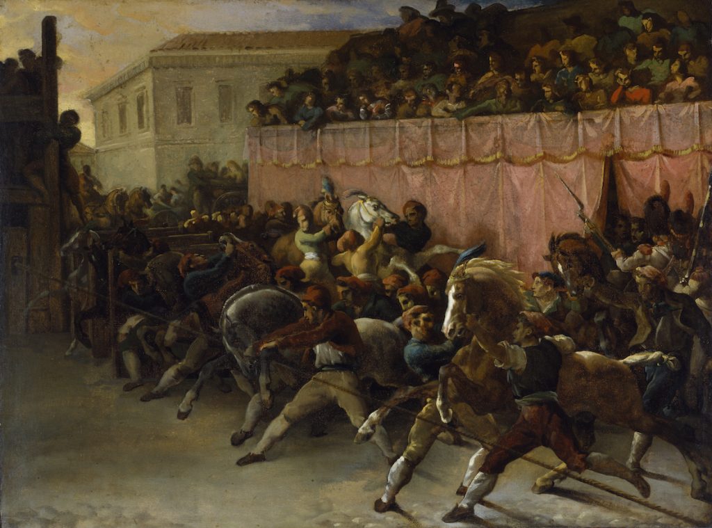 A historical scene of a horse race, moments from it's start, in a crowded italian event. Men clutch at the rearing horses as the crowd roars above them.