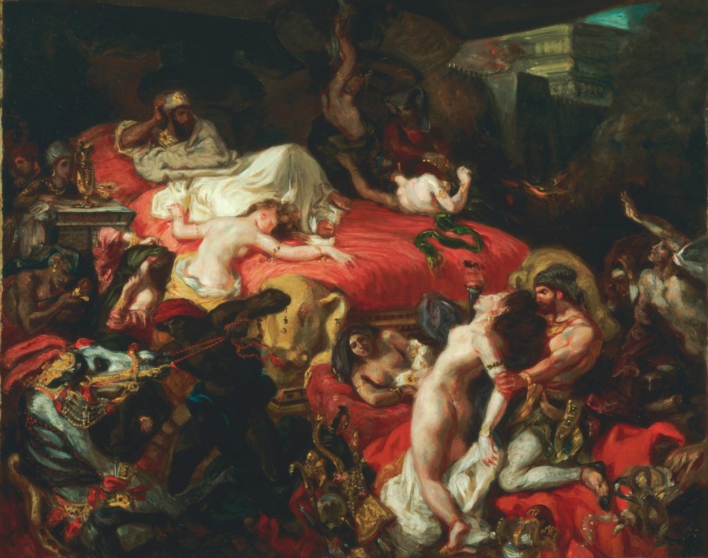 A mythological pillaging, pale nude women and riches extend over illustrious red drapes as a violent swarm of men raid the scene. A man in a crown reclines in the bed.