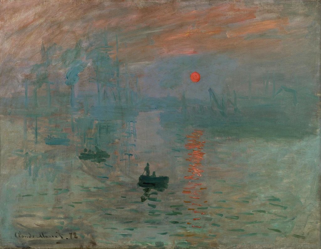 A harbor scene where details are obfuscated by the light of a sunrise, drowing the figures in blue scratched strokes. The sun, a hot orange swirl.