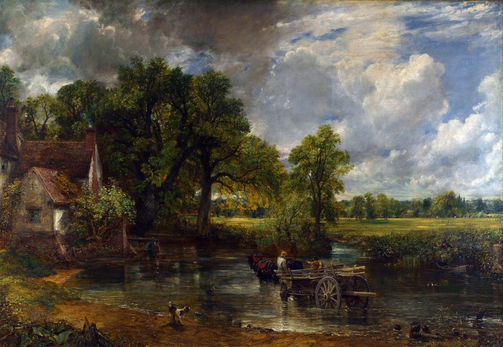 A sharply painted landscape portrait picturing a wagon, ridden by farmers, fording a small stream.