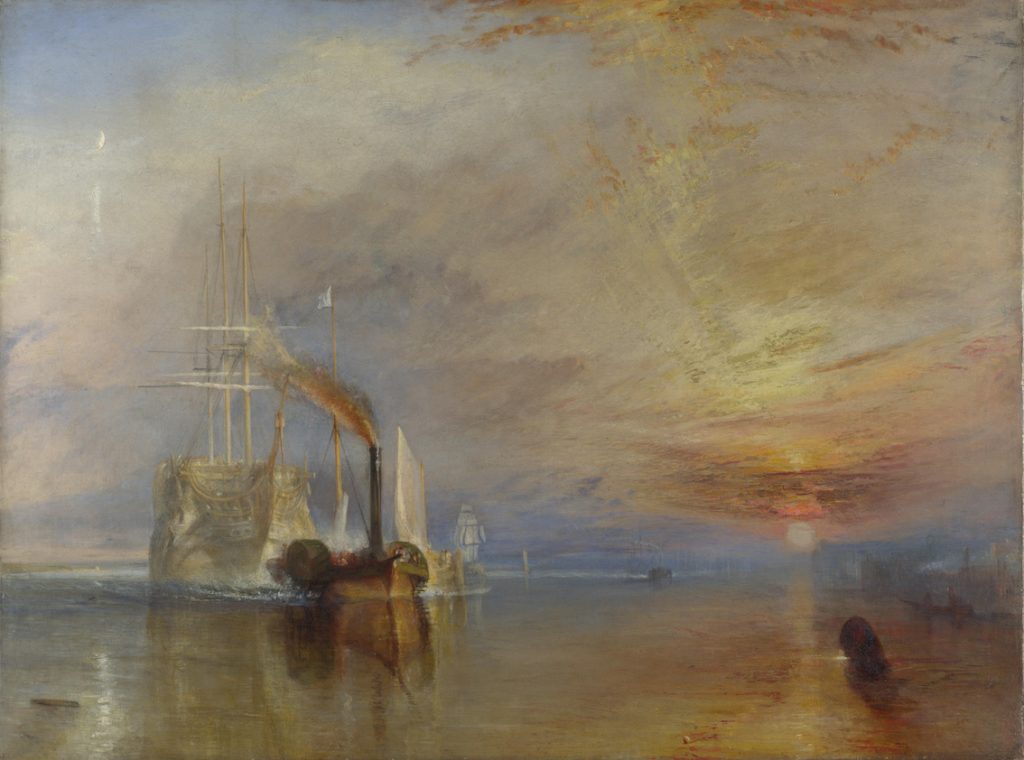 A steam ship, painted in rowdy dark warm tones, is flanked by a light and delineated classic vessel. The landscape shares this divide in tones, the former over-powering the latter.