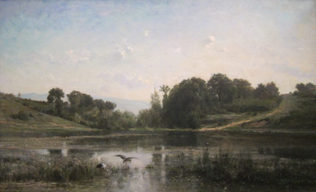 A steamy landscape of a wild pond, two herons feed. The centre horizon line gives way to a clear uniform sky.