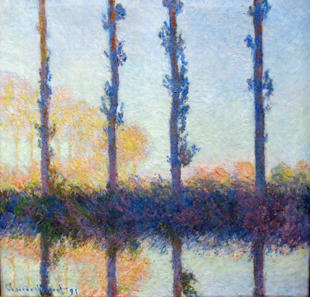 A backlit painted scene of four tall long poplars above reflective water.