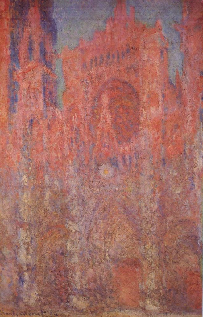 The front of the cathedral in scarlet red tones. Details are lost in the colouration, it becomes more evocative.