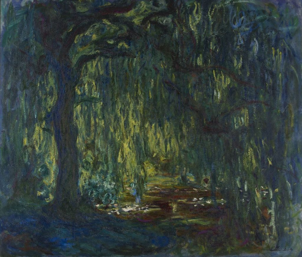 Thickly applied paint of somber willow trees, blocing any view of a presumed landscape. There are light applications of blues and light colours on the forest floor.