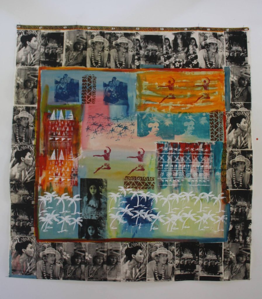 A photographic collage intermixed with painted scenes of Tahiti. The perimeter of the piece is in black and white, the colour is colourful.