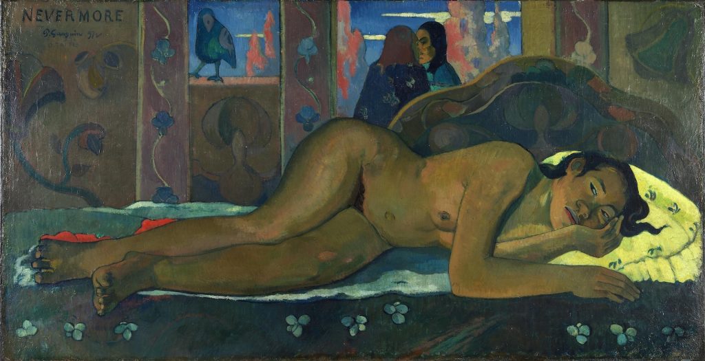 A nude woman reclined on a sofa, a bored expression on her face. The background gives way to deepl purple and red nature and a poster that reads: 'NEVERMORE'.