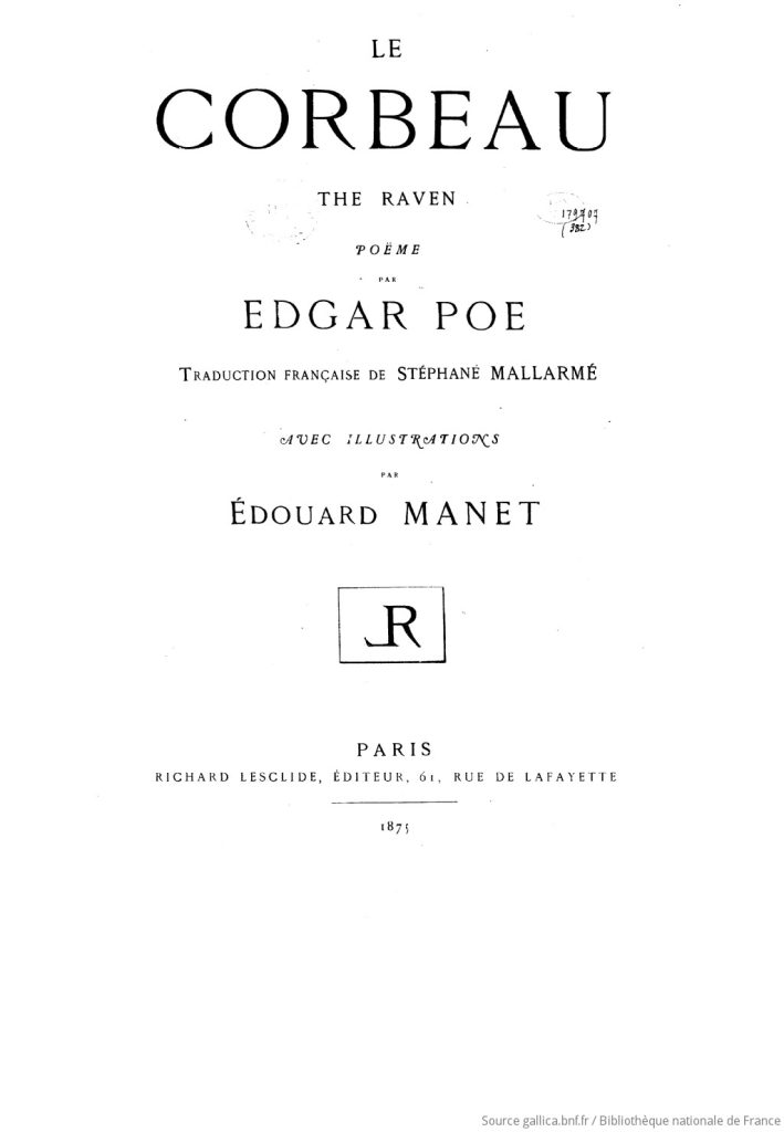 The title page of an edition of Edgar Allen Poe's 'The Crow'. Illustrations by Manet, and published in Paris.