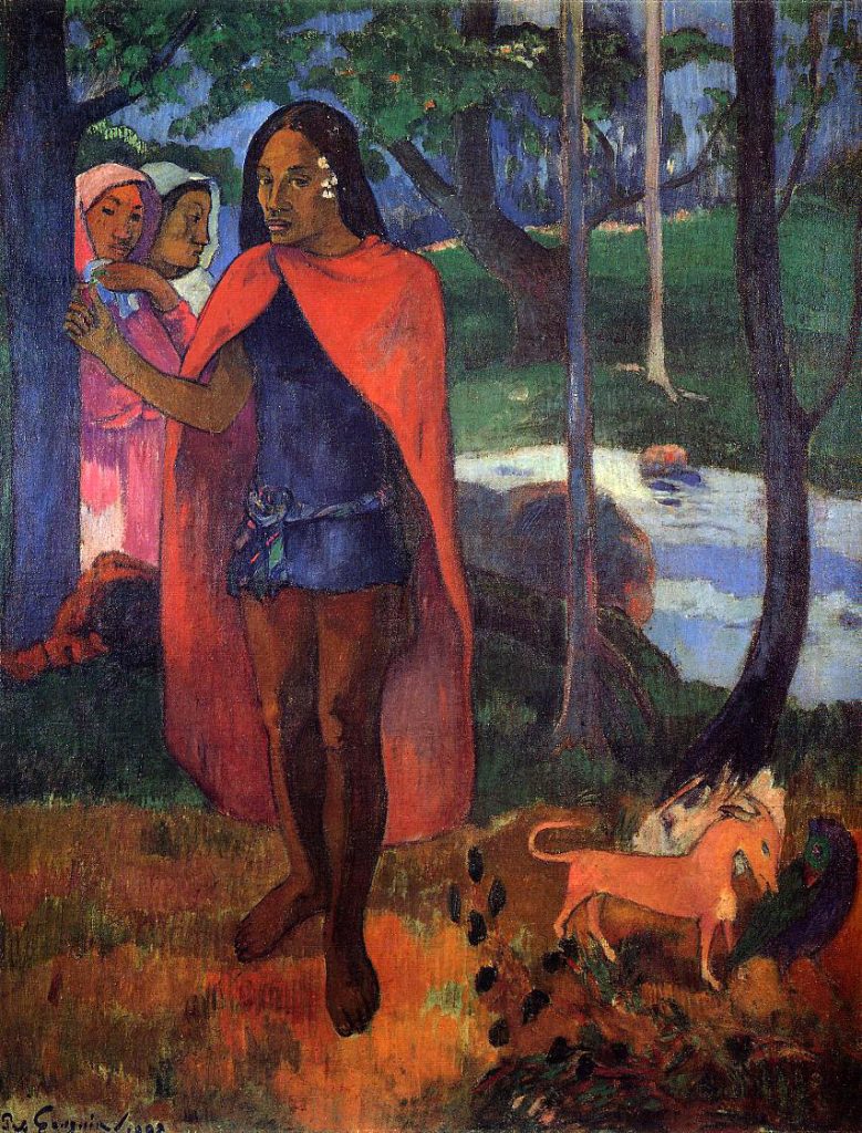 A portrait of a red-caped androgynous individual, flanked by two older women and a dog, before a wooded landscape.
