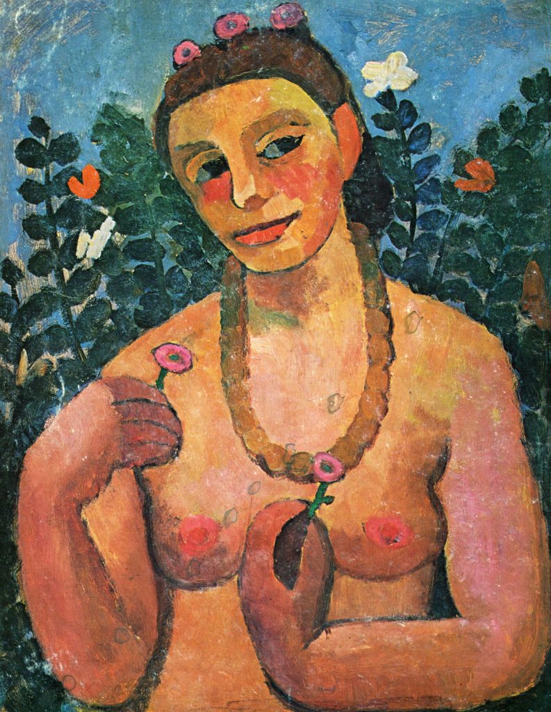 A portrait of a nude woman holding and decorated by flowers, wearing a large necklace. She's painted in almost mosaique like brush strokes.