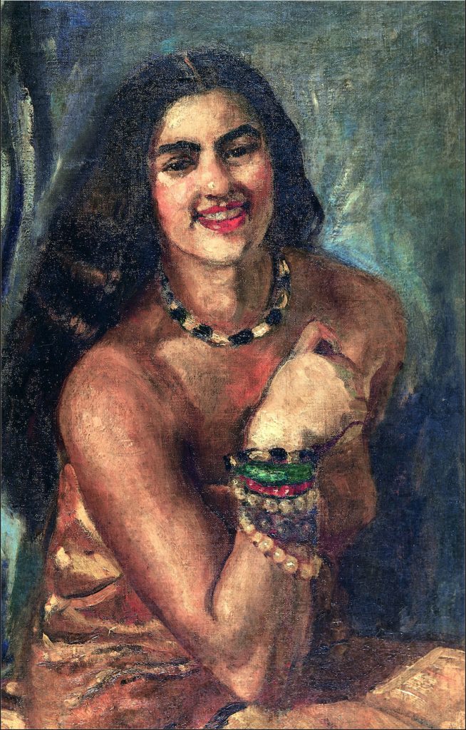 A self-portrait in loose drapes, covered in bracelets and wearing a necklace. Her expression is joyful, mid laugh.