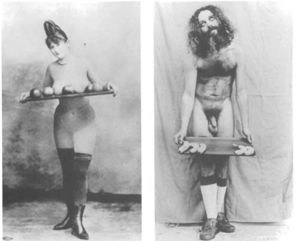 Portrait photography of two nude posers holding trays of fruit. On the left, apples held on a tray to the torso, on the right, bananas on a tray lowered to the knees.