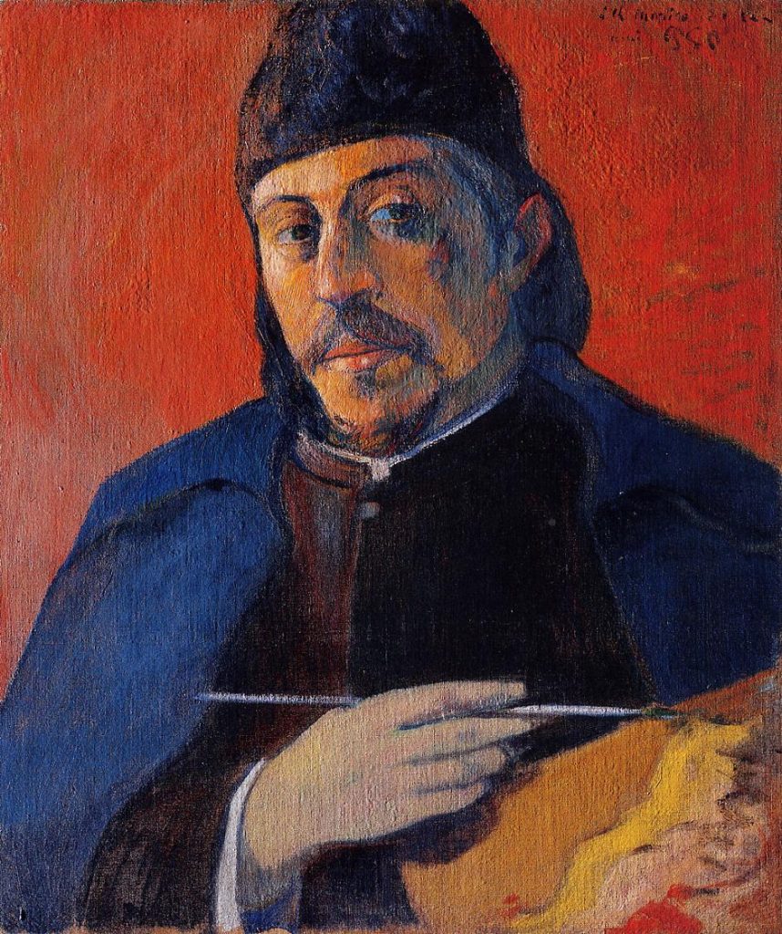 A self-portrait behind a bright red back-drop, palette in hand.