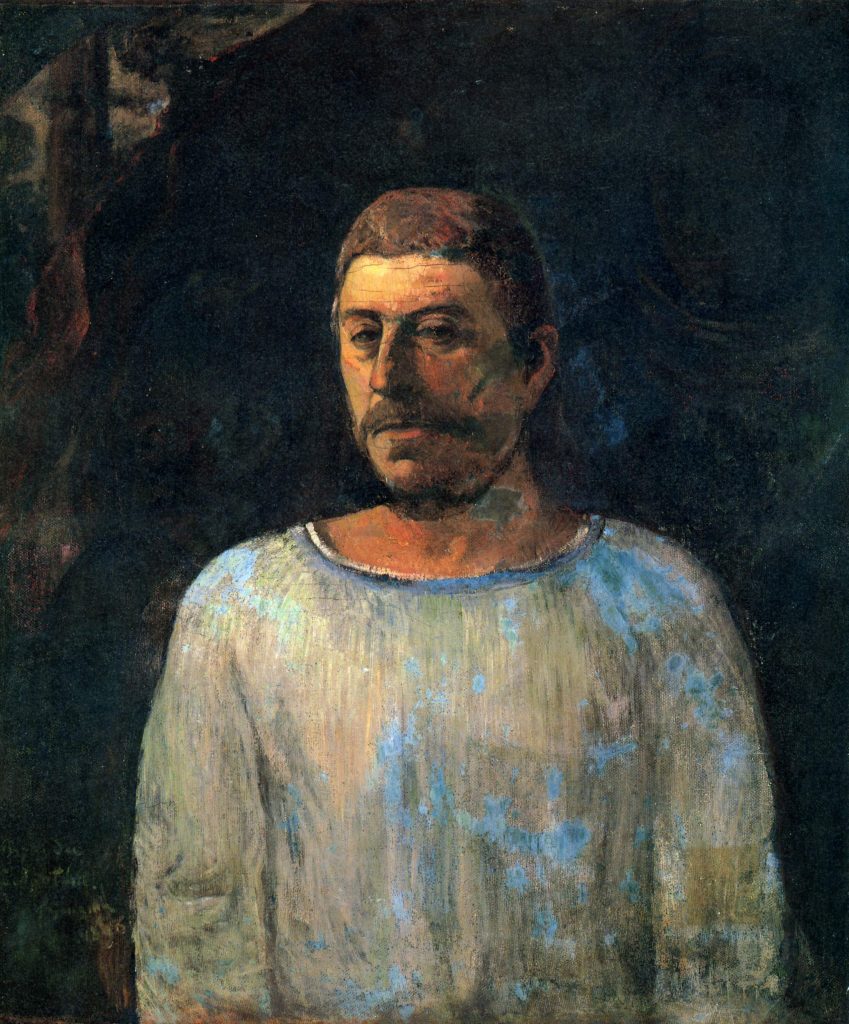 A somber self-portrait where proportions are muddled before a shadowy flowing backdrop. Gauguin's face is half-lit.