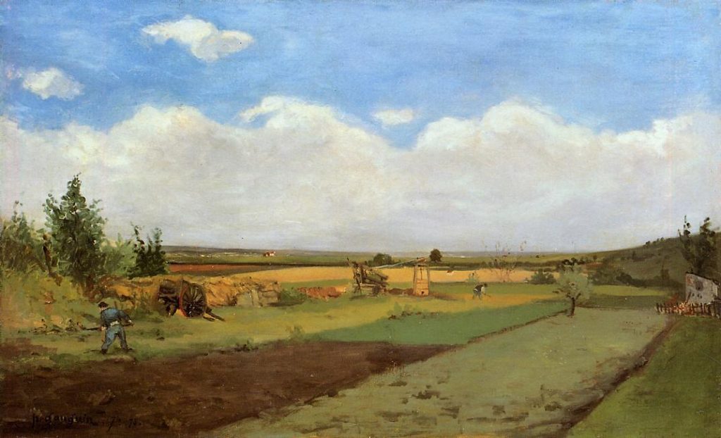 A flatly painted farm landscape where farmers toil the ground. The sky, half of the canvas, is mostly composed of a large white cloud.