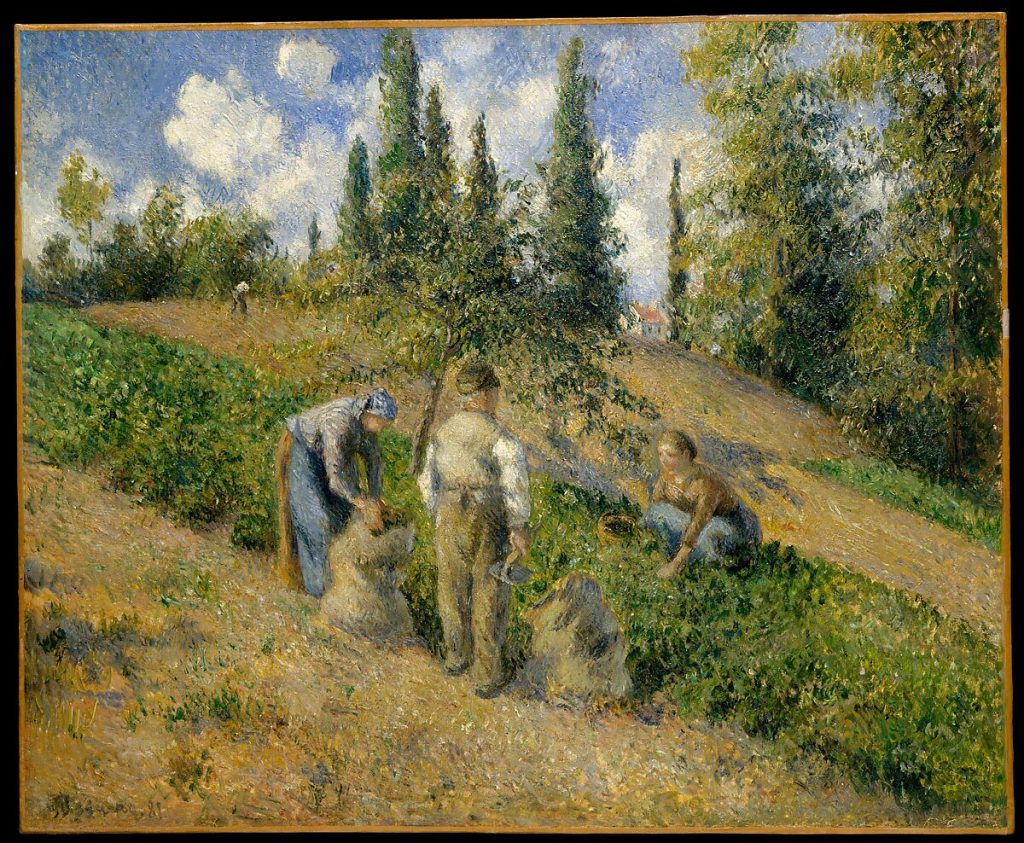 A noisely painted scene of farmers harvesting from slanted bushes on a hill. Facial features are vague.