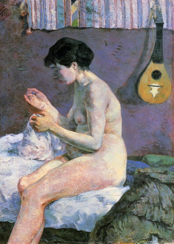 A nude portrait of a woman sewing on her bed, a mandolin hung on the wall behind her. She looks down as she works.
