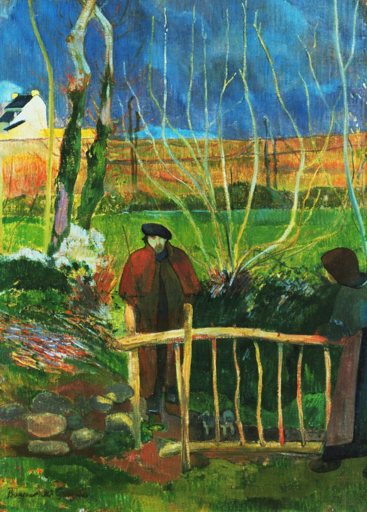 A vibrant vignette of two figures, wearing coats, facial features painted vaguely, on either sides of a fence. In the background, an estate.