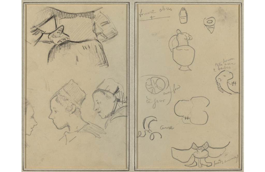 Two sketchbook pages of simple figuration, portions of women on the left and entitled objects on the right.