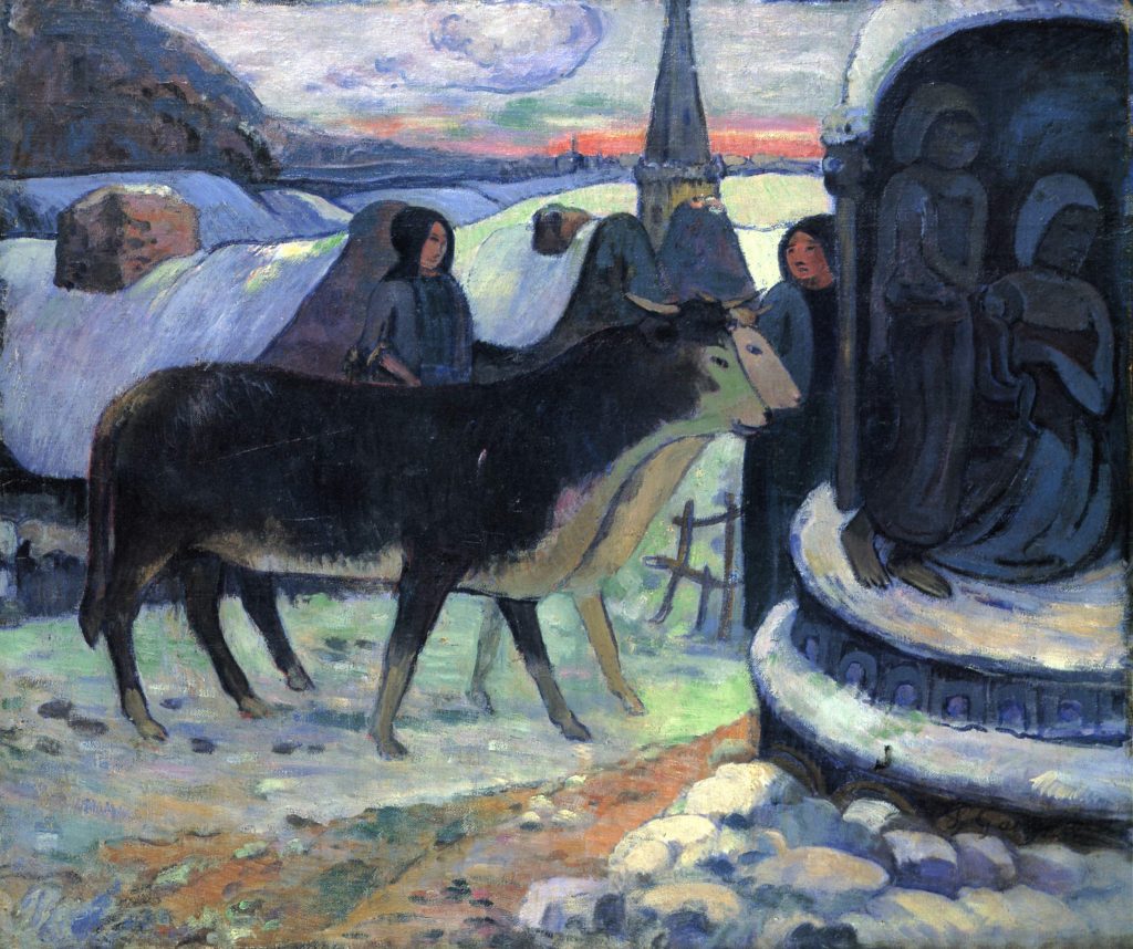 A pastorale scene of two women, accompanied by a pair of oxen, wandering a snowed over town. In the foreground, two silhouetted figures begin to prostrate.