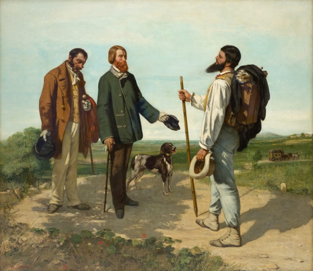 A greeting between three men on the country road.