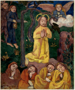 A yellow clad Christ, in prayer, is surrounded by human and angelic figures in a natural setting. Proportions are squashed or elongated throuhgout the piece.