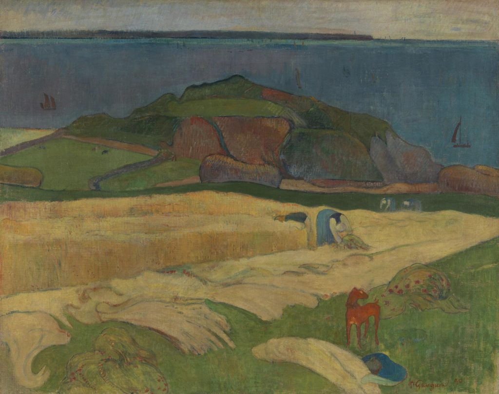 A pastorale beach landscape where few figures harvest from the ground. A red dog is in the foreground, umbral blue sea in the background.