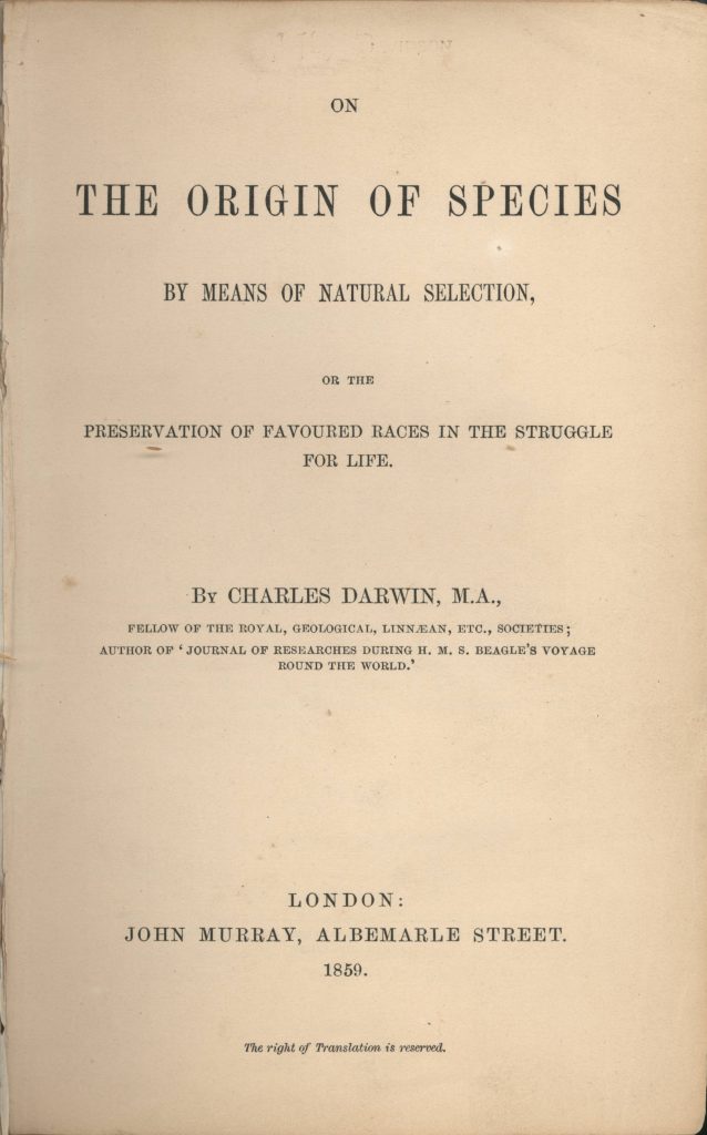 Darwin's book cover on the 'Origin of Species' holds the subtitle "The Preservation of Favoured Races in the Struggle for Life." Published in London.