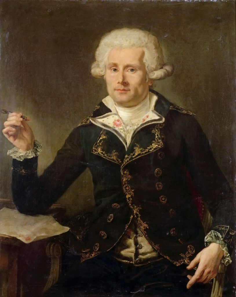 A portrait of the wigged Compte de Bougainville, quill in hand. He's dressed in a formal uniform.
