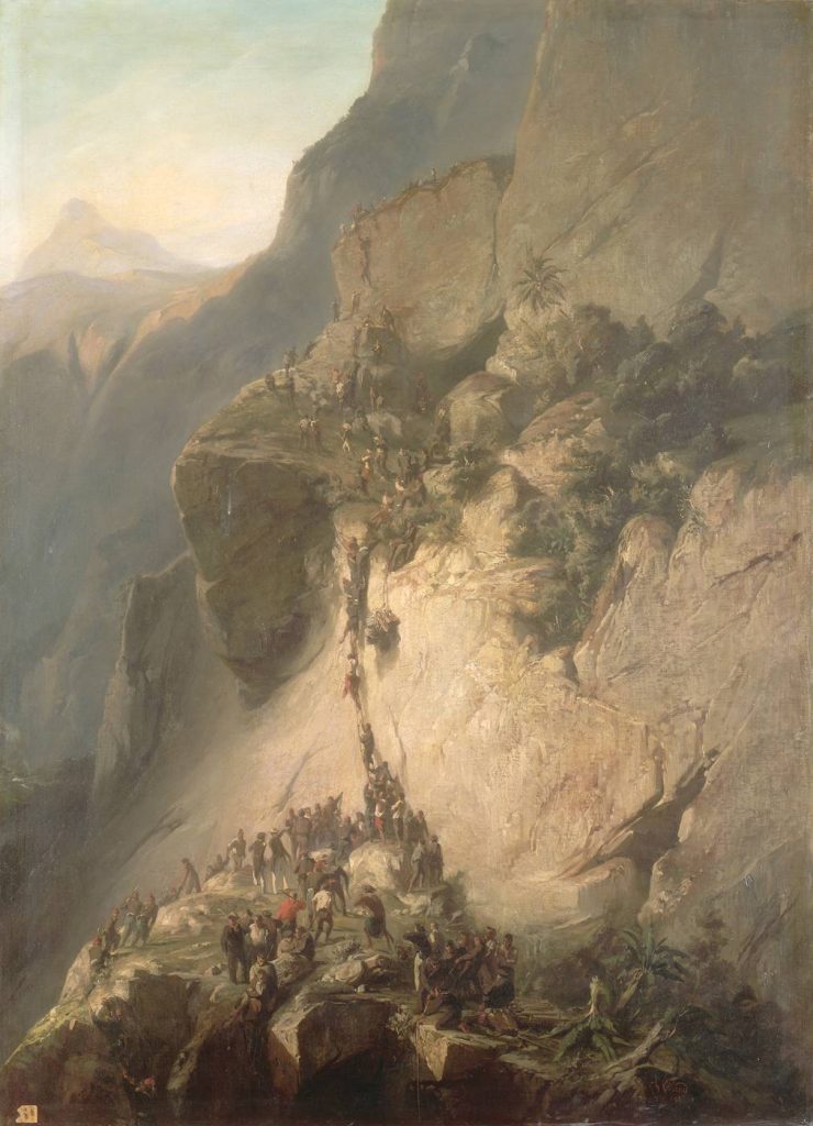 A historical combat painting of figures sprawling up a mountain-side, moving upwards. A warm glow is placed on the mountain.