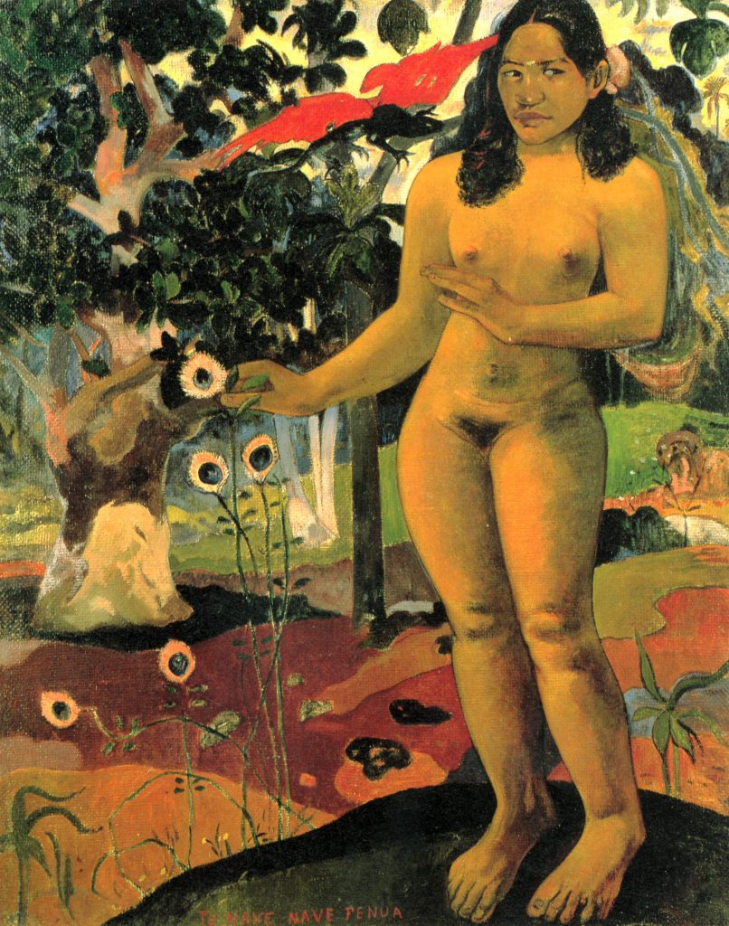 A broad nude woman is pictured standing in nature, the curves of her limbs rhyming with that of the eclectic flora behind her and before her.
