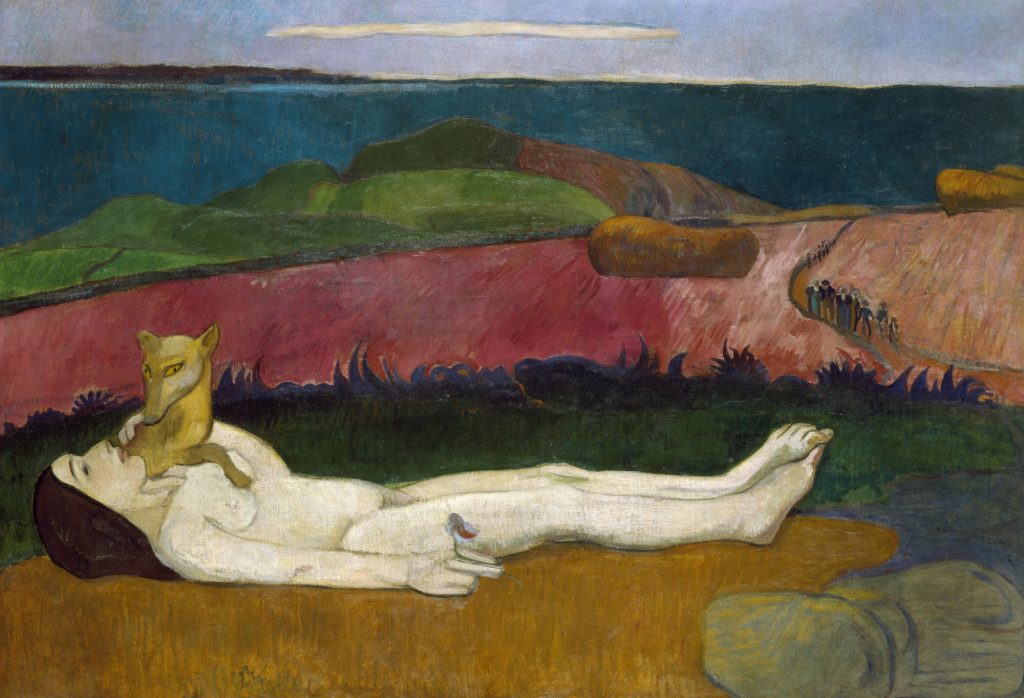 A nude woman is placed lying down in a field, a flower gently posed in between her fingers. A snouted animal sits on her neck, paw posed on her breasts.