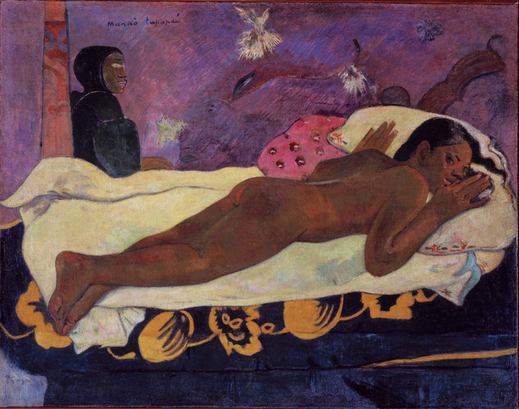 A portrait of a dark-skinned nude woman laying, downwards, on a bed. The background is an umbral purple with a figure looming behind the central girl, who looks fearfully towards the observer.