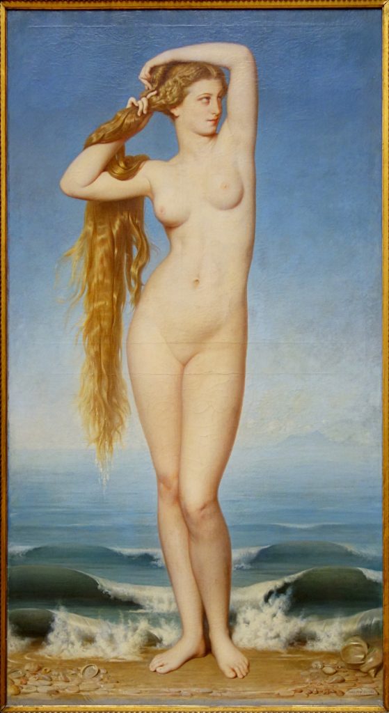 A standing fair nude woman wrings her hair, her gaze turned elsewhere, before a vast sea. Her pose is in gentle counter-balance.