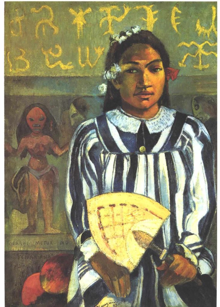 A portrait of a young dark-skinned girl, wearing a striped dress and clutching a fan. In the background, depictions of nude women and glyphs.