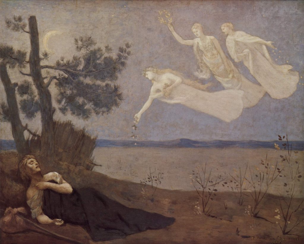 A reclining sleeing woman, in a lakeside field, is beset by three ghostly apparitions of gowned women bestowing flowers.