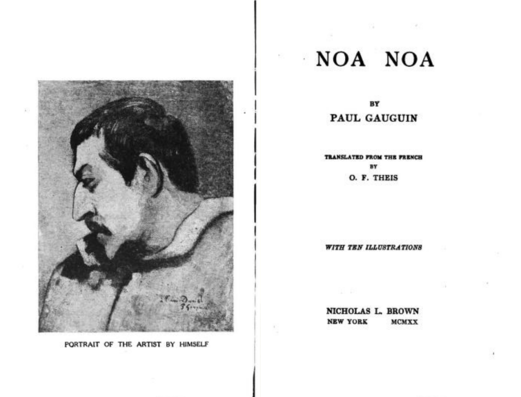 The title page of Gauguin's book is paired with his self-portrait, a profile of himself.
