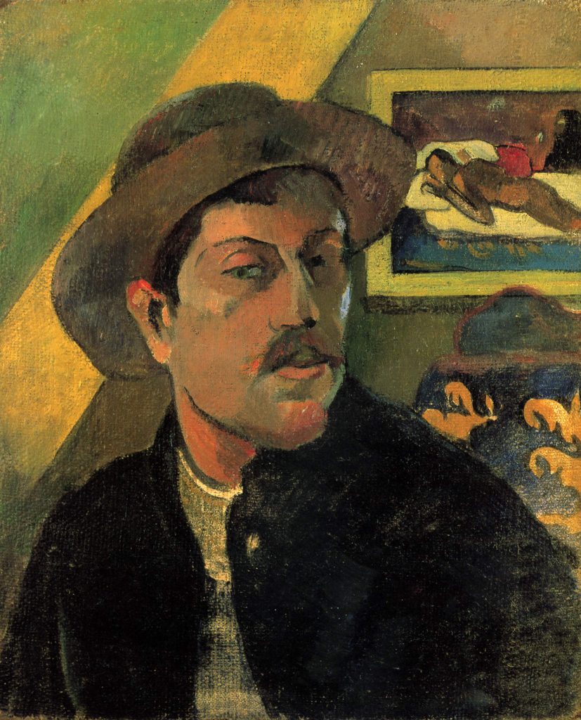 In a yellow and green toned self-portrait, Gauguin wears a sun hat and stands before one of his own works.
