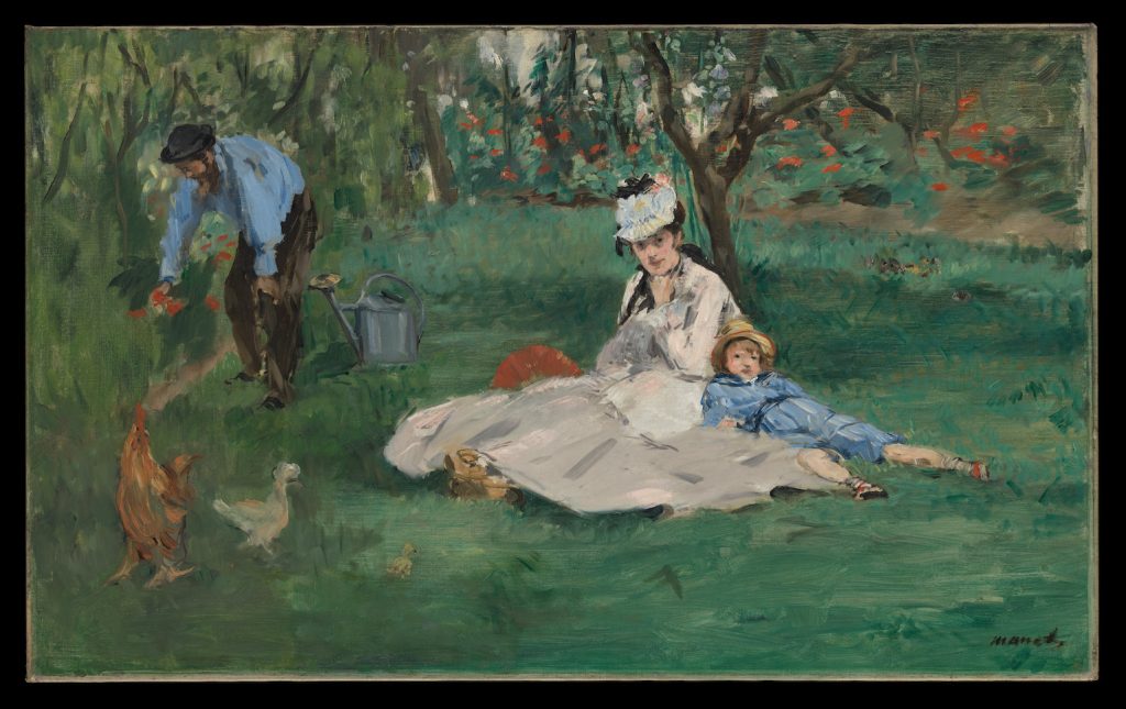 A loose landscape of Manet's wife and child reclined in the grass as Monet tends to a garden.