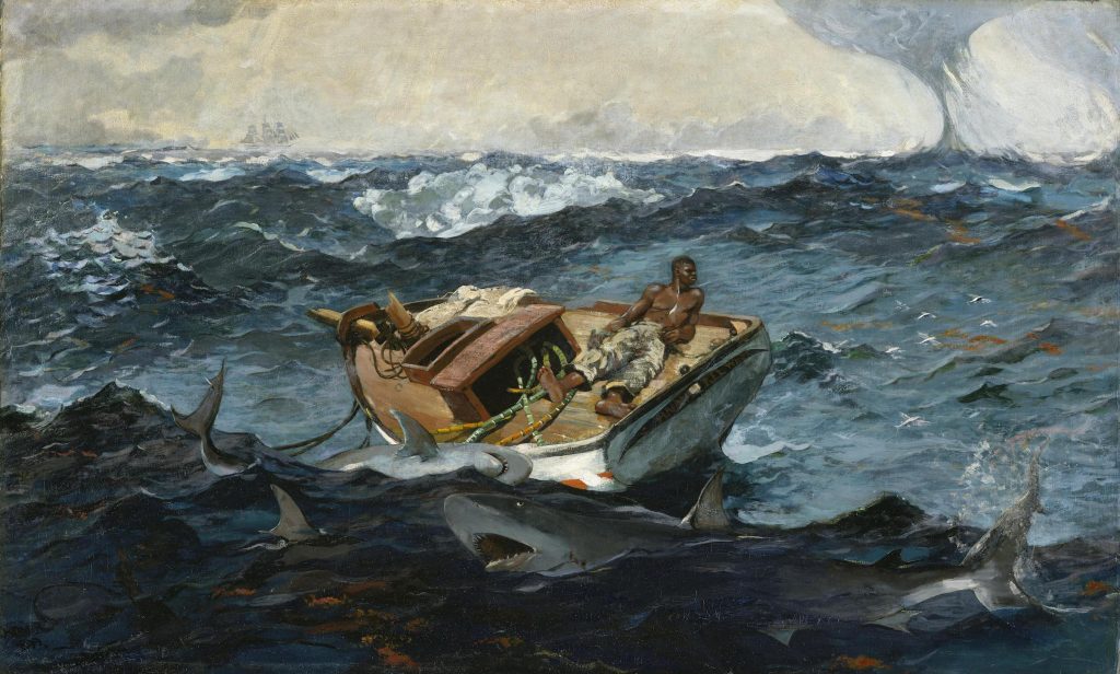 A chaotic ocean scene where a half-undressed black man rests on his shipwrecked boat, sharks surrounding the vessel. A cyclone, and a second larger ship, are in the background.